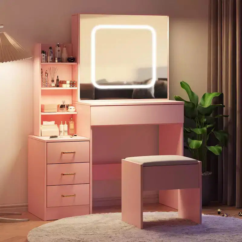 GustoWave Tavolino da trucco con luci LED, Toeletta da trucco con specchio scorrevole illuminato, Stazione di ricarica, Cassettiera
