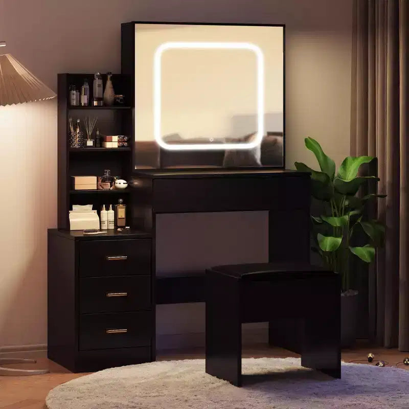GustoWave Tavolino da trucco con luci LED, Toeletta da trucco con specchio scorrevole illuminato, Stazione di ricarica, Cassettiera