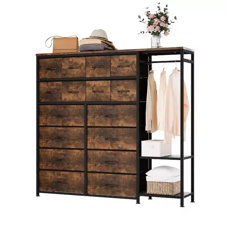 Cassettiera a 16 cassetti per camera da letto, organizer per vestiti con asta appendiabiti, cassettiera alta 51 cm con contenitori in tessuto, cassettiera grande per armadio