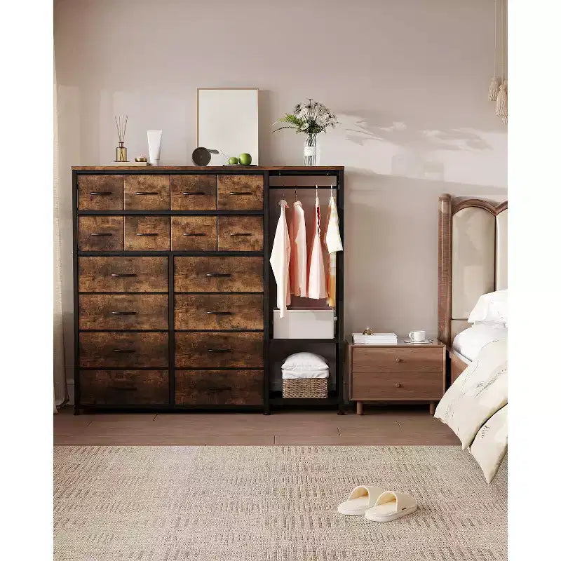 Cassettiera a 16 cassetti per camera da letto, organizer per vestiti con asta appendiabiti, cassettiera alta 51 cm con contenitori in tessuto, cassettiera grande per armadio