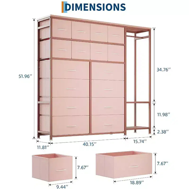 Cassettiera a 16 cassetti per camera da letto, organizer per vestiti con asta appendiabiti, cassettiera alta 51 cm con contenitori in tessuto, cassettiera grande per armadio