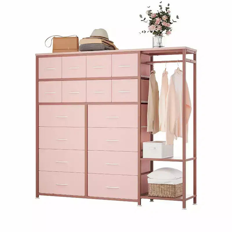 Cassettiera a 16 cassetti per camera da letto, organizer per vestiti con asta appendiabiti, cassettiera alta 51 cm con contenitori in tessuto, cassettiera grande per armadio