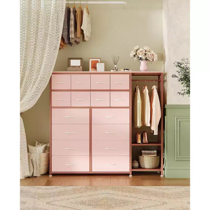 Cassettiera a 16 cassetti per camera da letto, organizer per vestiti con asta appendiabiti, cassettiera alta 51 cm con contenitori in tessuto, cassettiera grande per armadio