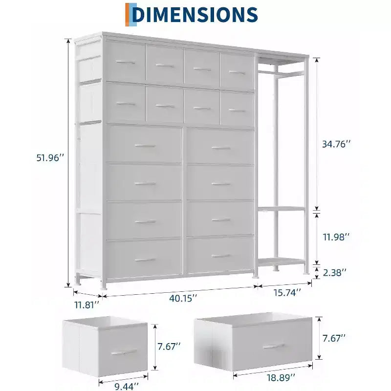 Cassettiera a 16 cassetti per camera da letto, organizer per vestiti con asta appendiabiti, cassettiera alta 51 cm con contenitori in tessuto, cassettiera grande per armadio