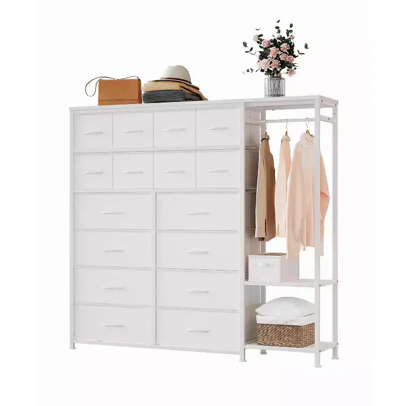 Cassettiera a 16 cassetti per camera da letto, organizer per vestiti con asta appendiabiti, cassettiera alta 51 cm con contenitori in tessuto, cassettiera grande per armadio