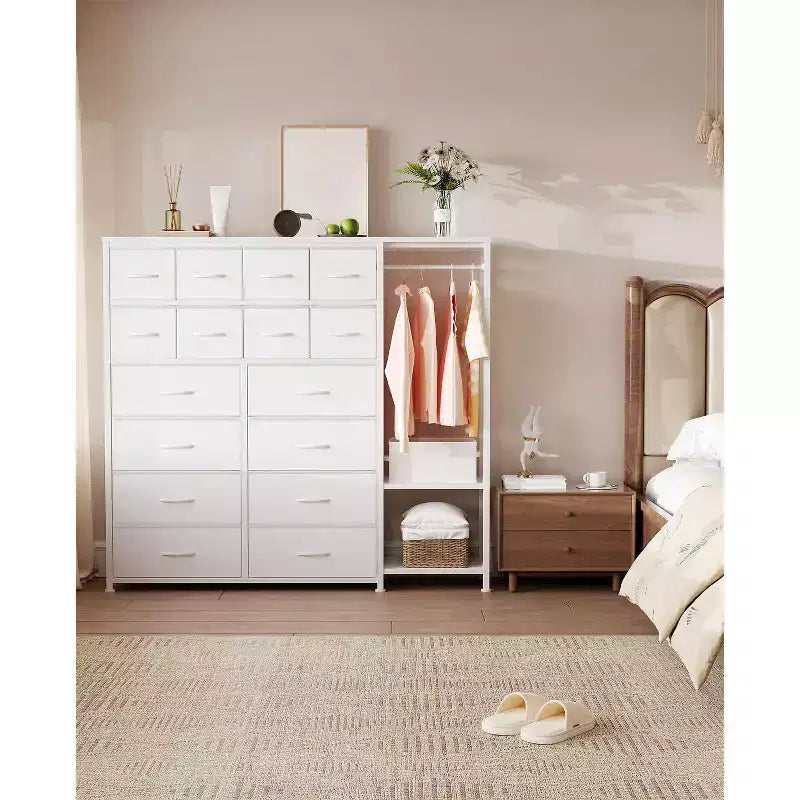 Cassettiera a 16 cassetti per camera da letto, organizer per vestiti con asta appendiabiti, cassettiera alta 51 cm con contenitori in tessuto, cassettiera grande per armadio