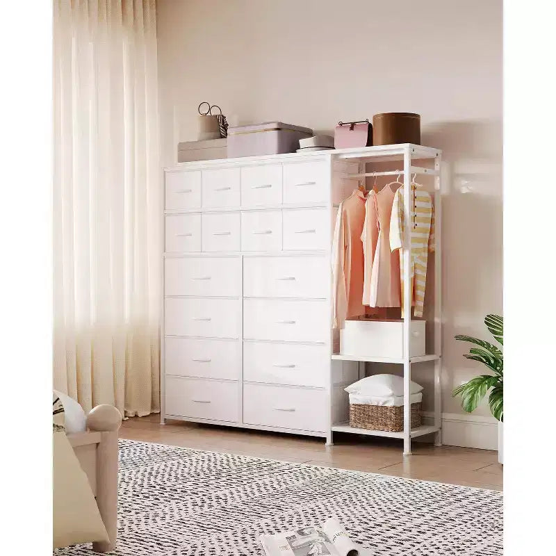 Cassettiera a 16 cassetti per camera da letto, organizer per vestiti con asta appendiabiti, cassettiera alta 51 cm con contenitori in tessuto, cassettiera grande per armadio