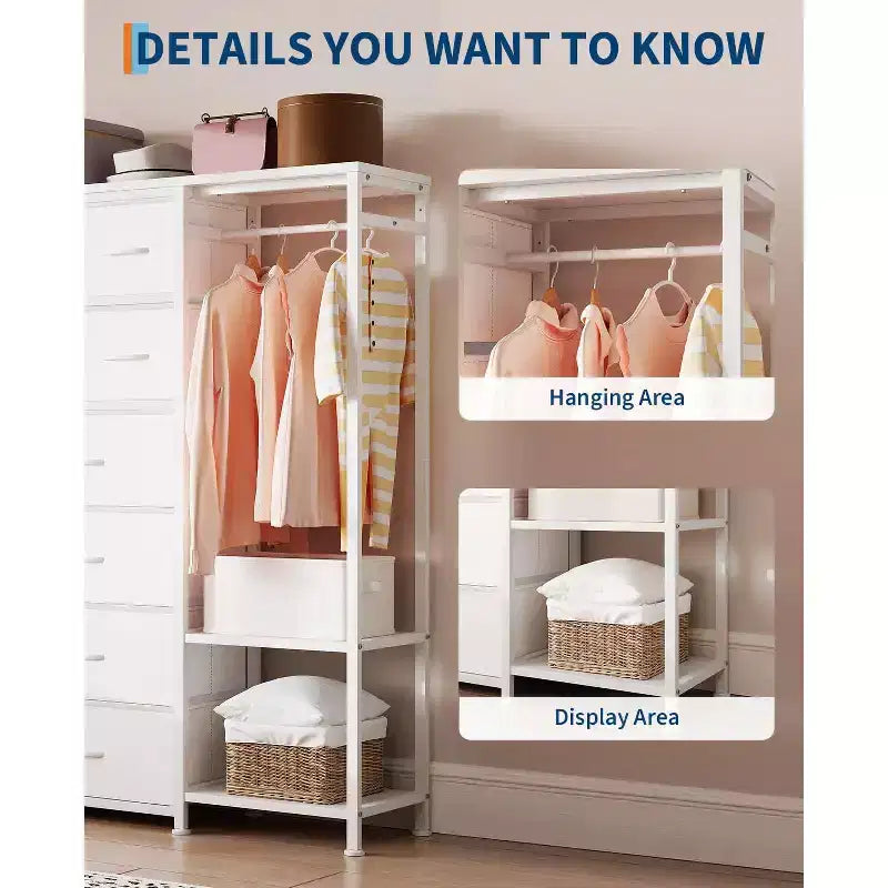Cassettiera a 16 cassetti per camera da letto, organizer per vestiti con asta appendiabiti, cassettiera alta 51 cm con contenitori in tessuto, cassettiera grande per armadio