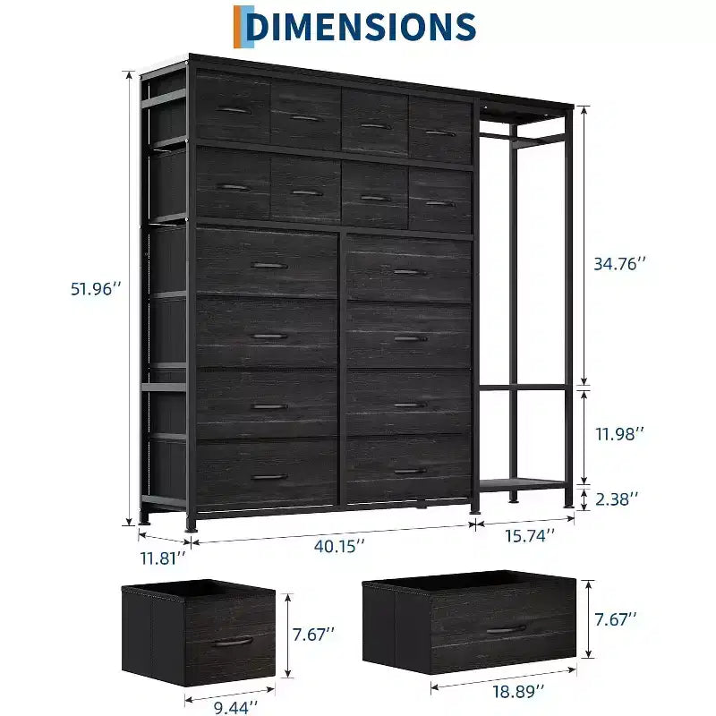 Cassettiera a 16 cassetti per camera da letto, organizer per vestiti con asta appendiabiti, cassettiera alta 51 cm con contenitori in tessuto, cassettiera grande per armadio