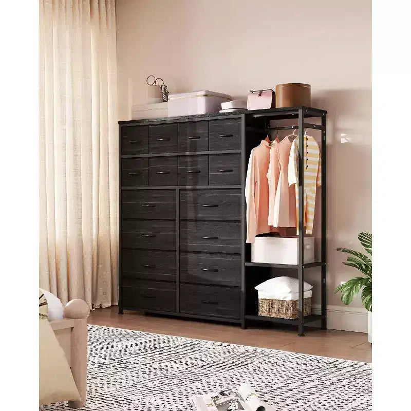 Cassettiera a 16 cassetti per camera da letto, organizer per vestiti con asta appendiabiti, cassettiera alta 51 cm con contenitori in tessuto, cassettiera grande per armadio