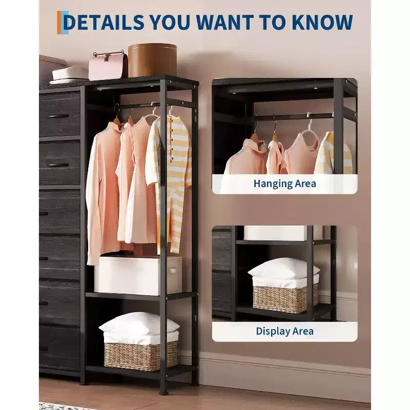 Cassettiera a 16 cassetti per camera da letto, organizer per vestiti con asta appendiabiti, cassettiera alta 51 cm con contenitori in tessuto, cassettiera grande per armadio