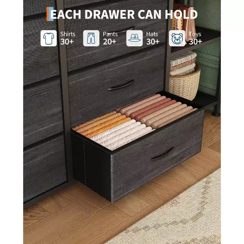 Cassettiera a 16 cassetti per camera da letto, organizer per vestiti con asta appendiabiti, cassettiera alta 51 cm con contenitori in tessuto, cassettiera grande per armadio
