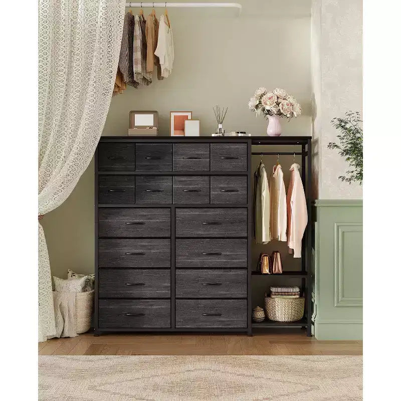 Cassettiera a 16 cassetti per camera da letto, organizer per vestiti con asta appendiabiti, cassettiera alta 51 cm con contenitori in tessuto, cassettiera grande per armadio