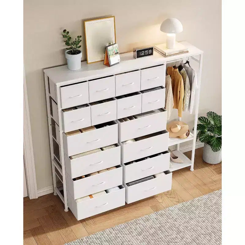 Cassettiera a 16 cassetti per camera da letto, organizer per vestiti con asta appendiabiti, cassettiera alta 51 cm con contenitori in tessuto, cassettiera grande per armadio