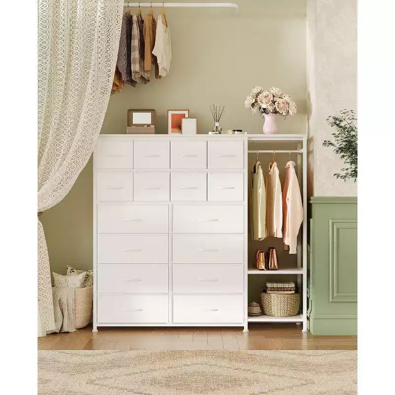 Cassettiera a 16 cassetti per camera da letto, organizer per vestiti con asta appendiabiti, cassettiera alta 51 cm con contenitori in tessuto, cassettiera grande per armadio