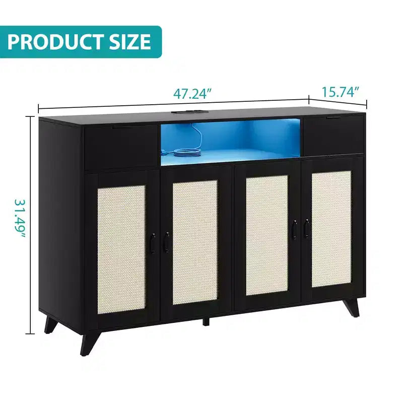 Credenza/Buffet in Rattan con 4 Ante e 2 Cassetti, Tavolo Consolle da Caffè con Presa Elettrica e Ripiani Regolabili