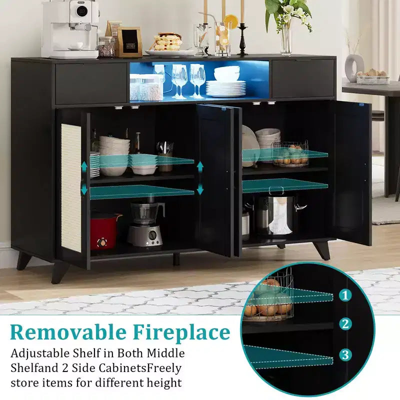 Credenza/Buffet in Rattan con 4 Ante e 2 Cassetti, Tavolo Consolle da Caffè con Presa Elettrica e Ripiani Regolabili