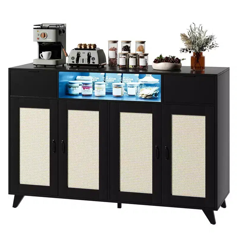 Credenza/Buffet in Rattan con 4 Ante e 2 Cassetti, Tavolo Consolle da Caffè con Presa Elettrica e Ripiani Regolabili