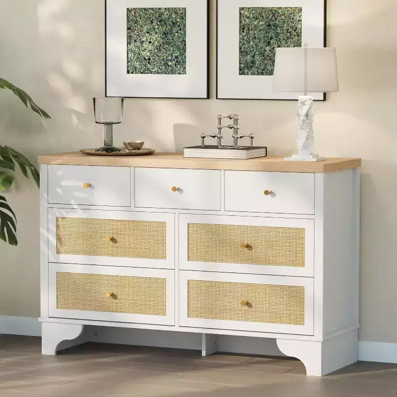 Cassettiera 47,3 con 7 cassetti in rattan naturale, mobile in legno con base robusta, organizer per camera da letto e ingresso