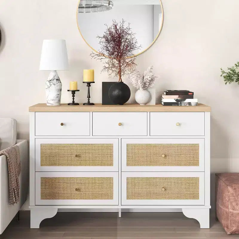 Cassettiera 47,3 con 7 cassetti in rattan naturale, mobile in legno con base robusta, organizer per camera da letto e ingresso