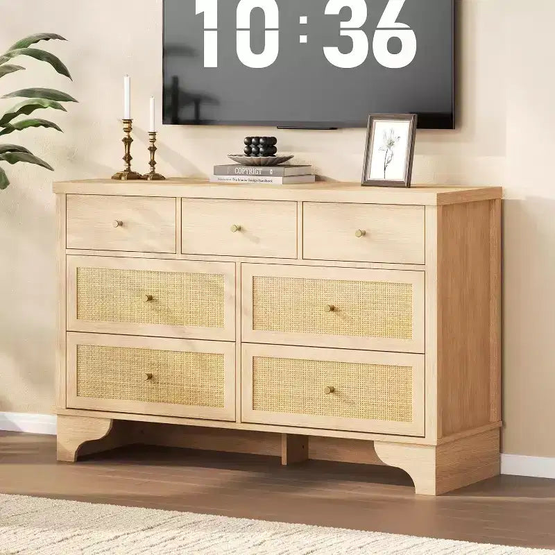 Cassettiera 47,3 con 7 cassetti in rattan naturale, mobile in legno con base robusta, organizer per camera da letto e ingresso