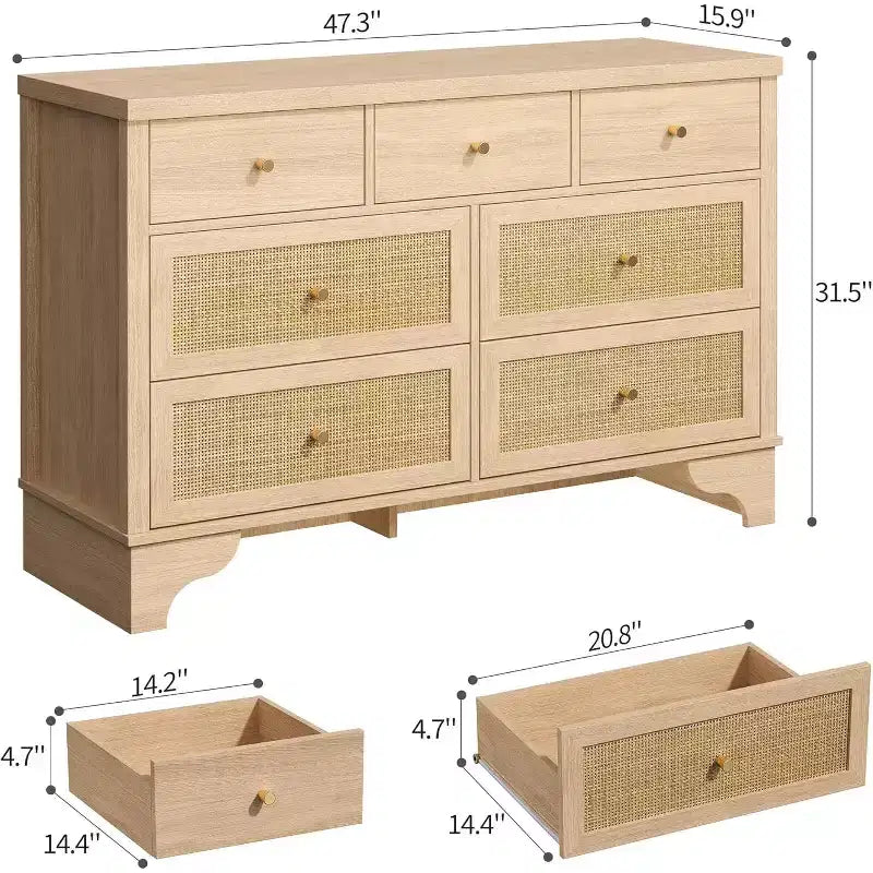 Cassettiera 47,3 con 7 cassetti in rattan naturale, mobile in legno con base robusta, organizer per camera da letto e ingresso