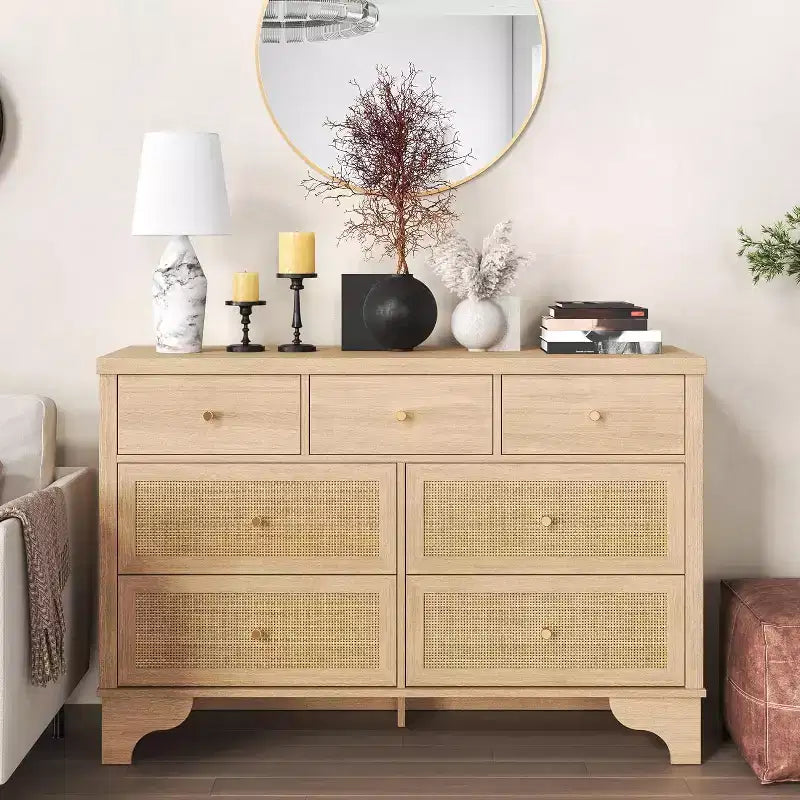 Cassettiera 47,3 con 7 cassetti in rattan naturale, mobile in legno con base robusta, organizer per camera da letto e ingresso