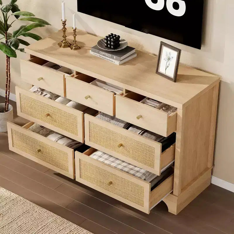 Cassettiera 47,3 con 7 cassetti in rattan naturale, mobile in legno con base robusta, organizer per camera da letto e ingresso
