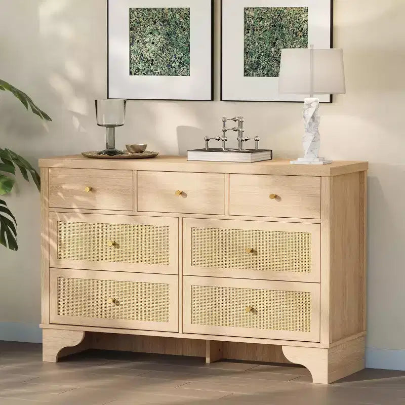 Cassettiera 47,3 con 7 cassetti in rattan naturale, mobile in legno con base robusta, organizer per camera da letto e ingresso