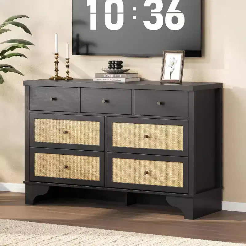 Cassettiera 47,3 con 7 cassetti in rattan naturale, mobile in legno con base robusta, organizer per camera da letto e ingresso