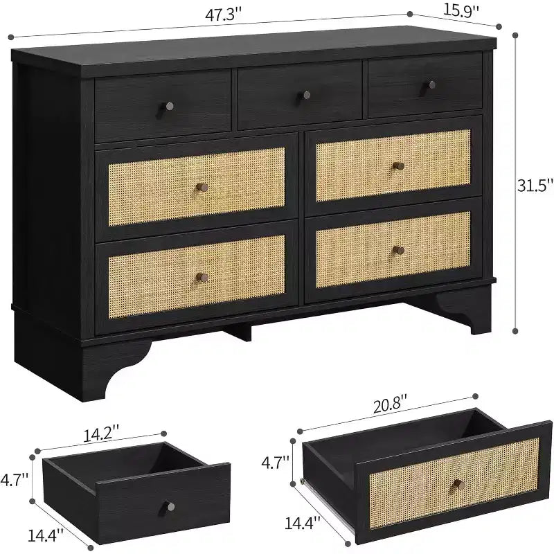 Cassettiera 47,3 con 7 cassetti in rattan naturale, mobile in legno con base robusta, organizer per camera da letto e ingresso