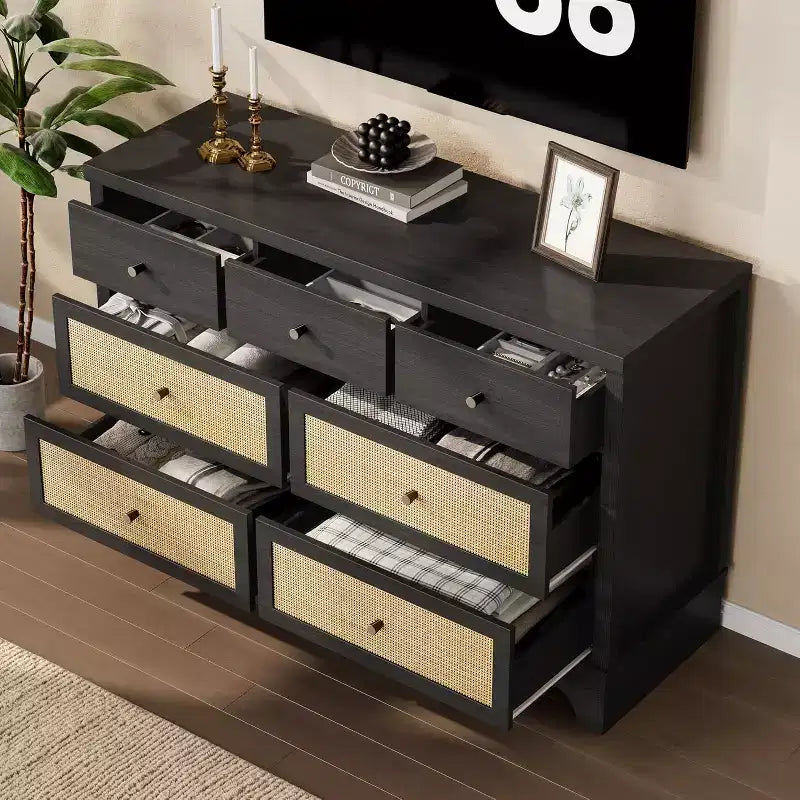 Cassettiera 47,3 con 7 cassetti in rattan naturale, mobile in legno con base robusta, organizer per camera da letto e ingresso