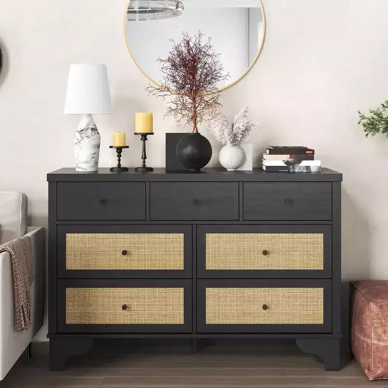 Cassettiera 47,3 con 7 cassetti in rattan naturale, mobile in legno con base robusta, organizer per camera da letto e ingresso
