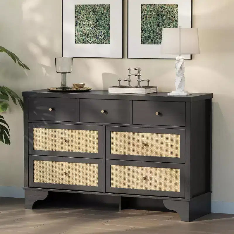 Cassettiera 47,3 con 7 cassetti in rattan naturale, mobile in legno con base robusta, organizer per camera da letto e ingresso