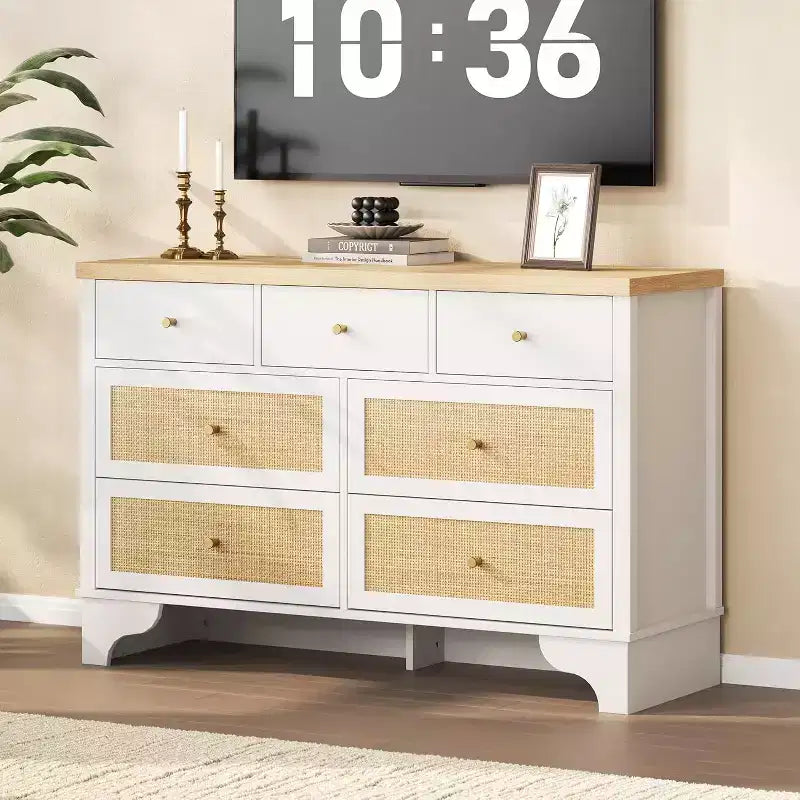 Cassettiera 47,3 con 7 cassetti in rattan naturale, mobile in legno con base robusta, organizer per camera da letto e ingresso