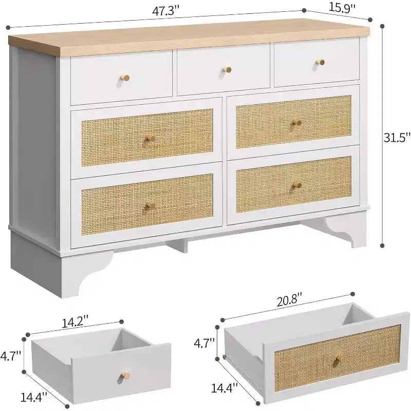 Cassettiera 47,3 con 7 cassetti in rattan naturale, mobile in legno con base robusta, organizer per camera da letto e ingresso