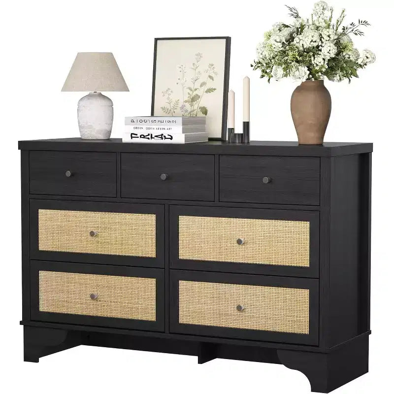 Cassettiera 47,3 con 7 cassetti in rattan naturale, mobile in legno con base robusta, organizer per camera da letto e ingresso