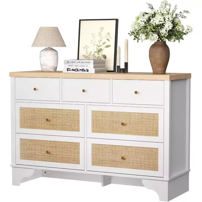 47.3 7 Drawer Dresser with Natural Rattan Drawers, Wood Chest with Sturdy Base, Bedroom Storage Organizer for Living Room & Entryway