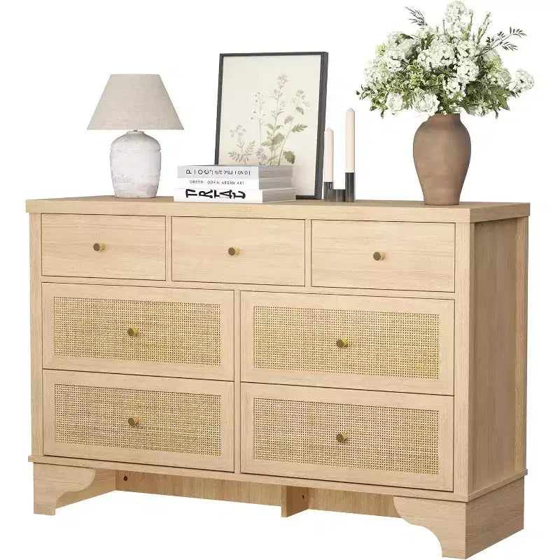 Cassettiera 47,3 con 7 cassetti in rattan naturale, mobile in legno con base robusta, organizer per camera da letto e ingresso
