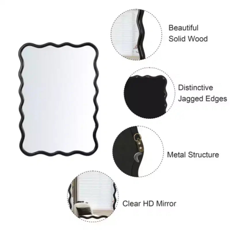 Specchio rettangolare ondulato in legno massello 40 x 28 - Nero per bagno, camera da letto, soggiorno, sala da pranzo, guardaroba, ingresso