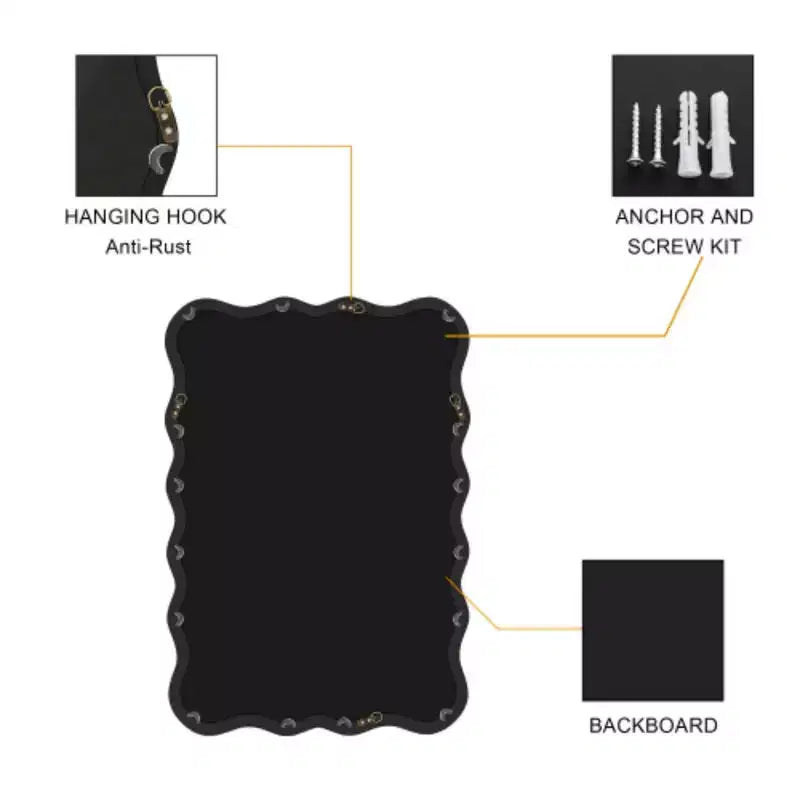 Specchio rettangolare ondulato in legno massello 40 x 28 - Nero per bagno, camera da letto, soggiorno, sala da pranzo, guardaroba, ingresso