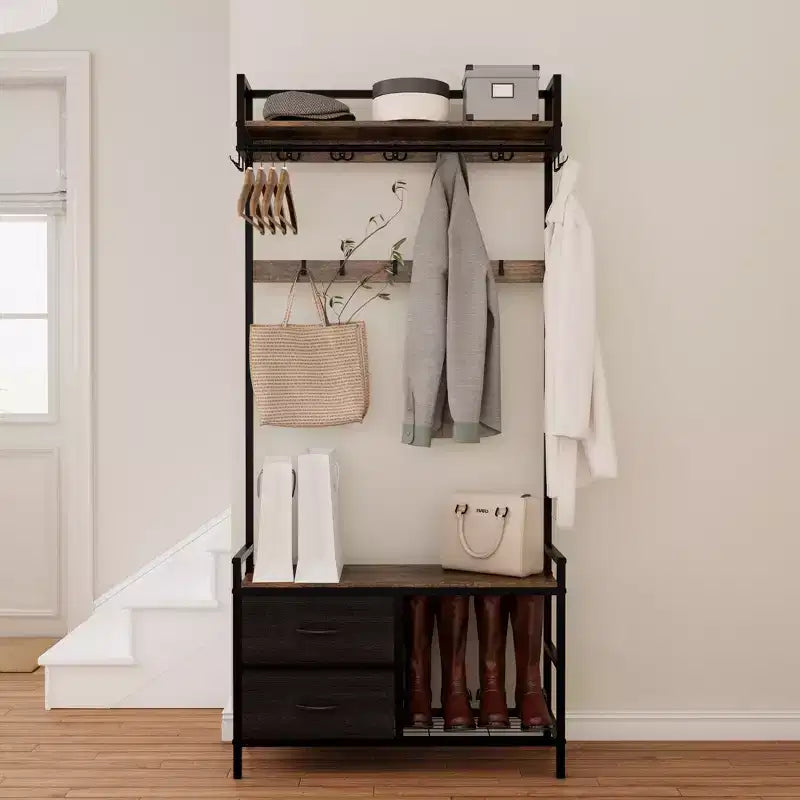 MAYEERTY Hall Tree with 2 Movable Drawers Shoe Storage Shelves and Garment Racks 5 in 1 Entryway Bench with 23 Hooks