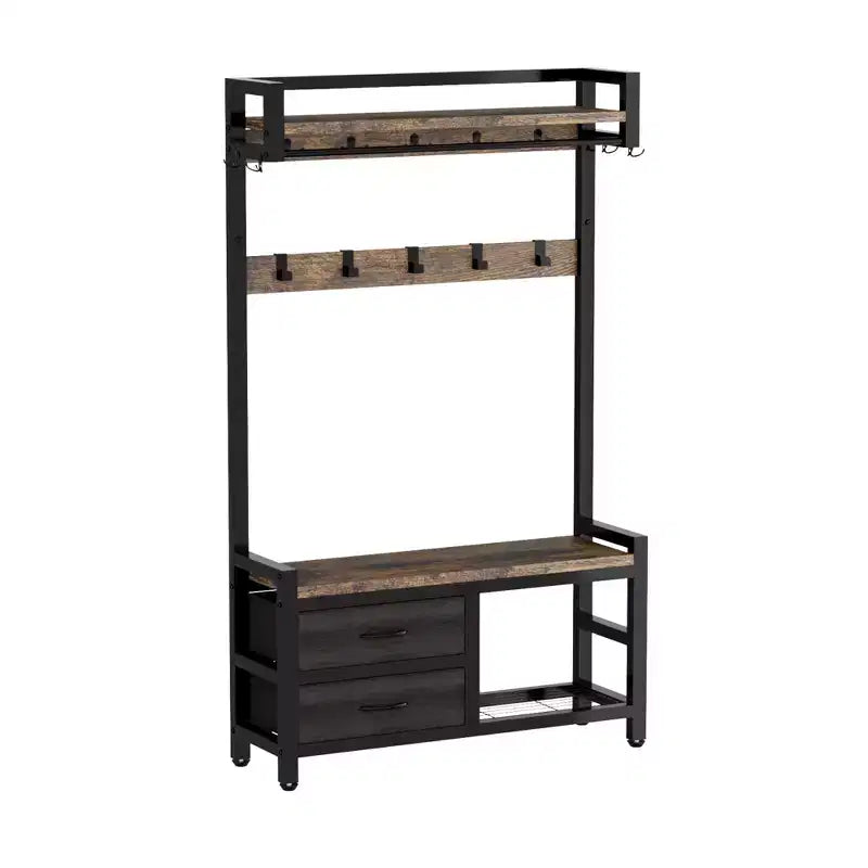 MAYEERTY Appendiabiti da Ingresso con 2 Cassetti Spostabili, Scaffali Porta Scarpe e Appendiabiti, Panchina da Ingresso 5 in 1 con 23 Ganci