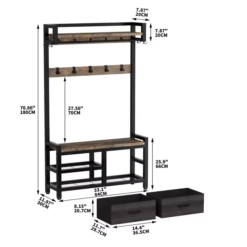 MAYEERTY Appendiabiti da Ingresso con 2 Cassetti Spostabili, Scaffali Porta Scarpe e Appendiabiti, Panchina da Ingresso 5 in 1 con 23 Ganci
