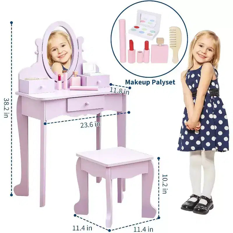 Acekool Set da Trucco per Bambini con Specchio Regolabile, Tavolo da Gioco per Bambini, Sedia e Accessori Trucco, Bianco