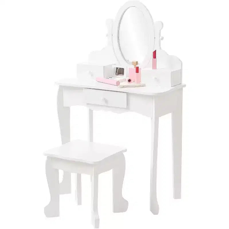 Acekool Set da Trucco per Bambini con Specchio Regolabile, Tavolo da Gioco per Bambini, Sedia e Accessori Trucco, Bianco