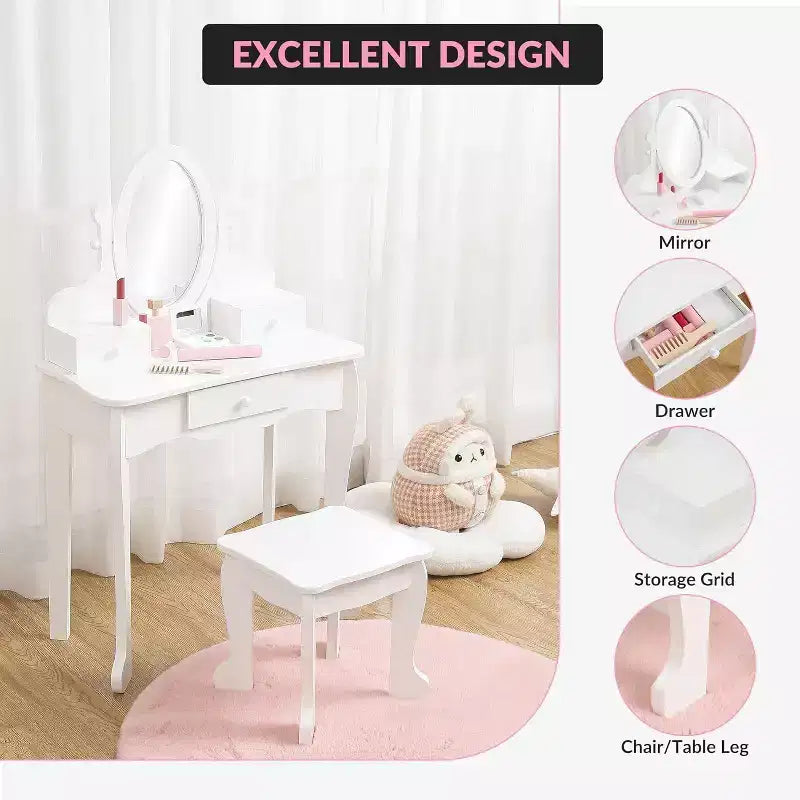Acekool Set da Trucco per Bambini con Specchio Regolabile, Tavolo da Gioco per Bambini, Sedia e Accessori Trucco, Bianco