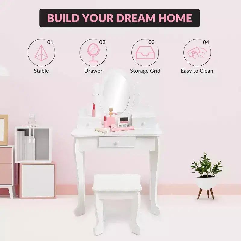 Acekool Set da Trucco per Bambini con Specchio Regolabile, Tavolo da Gioco per Bambini, Sedia e Accessori Trucco, Bianco