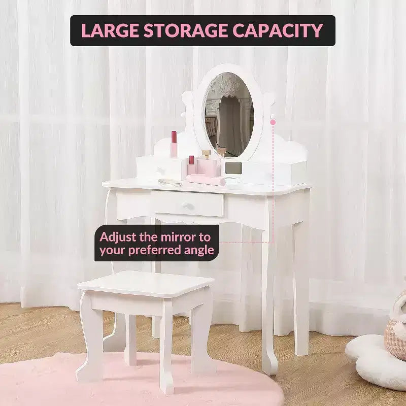 Acekool Set da Trucco per Bambini con Specchio Regolabile, Tavolo da Gioco per Bambini, Sedia e Accessori Trucco, Bianco