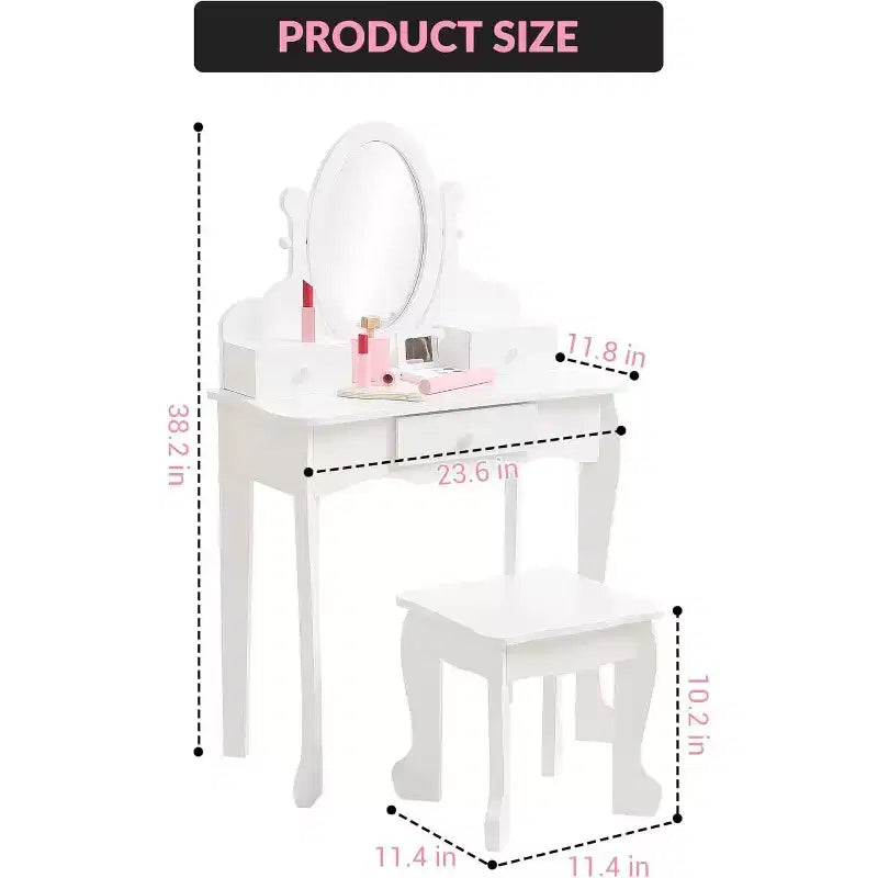 Acekool Set da Trucco per Bambini con Specchio Regolabile, Tavolo da Gioco per Bambini, Sedia e Accessori Trucco, Bianco